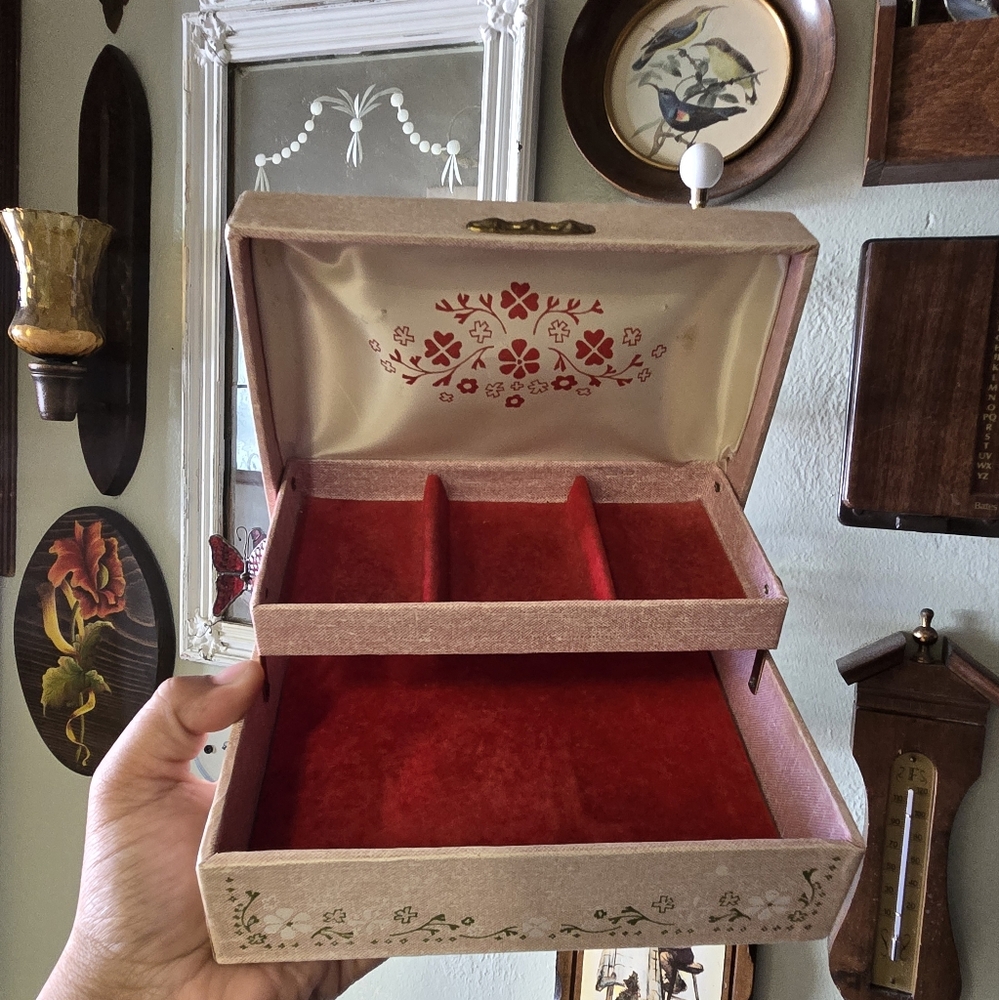 Vintage Floral Jewelry Box with Red Interior